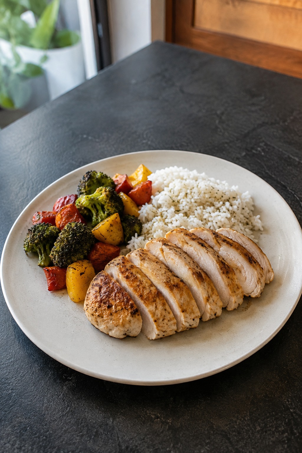 Grilled chicken with rice and roasted vegetables